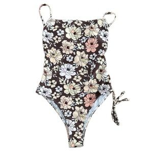 SHEIN Women’s Brown Floral One-Piece Swimsuit with Pastel Blooms NWOT Size S